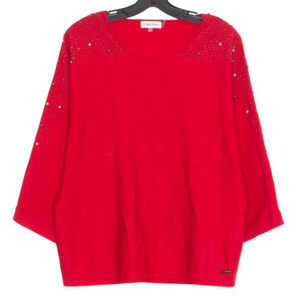 Calvin Klein Sweaters - Calvin Klein Sweater 3/4 Sleeve Christmas Embellished Holiday Sparkly Red XL